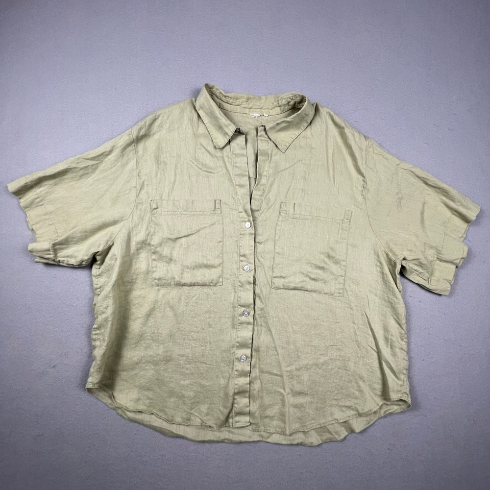 Linen Button Down Shirt Womens L Sage Green Short Sleeve Pocket Casual Summer